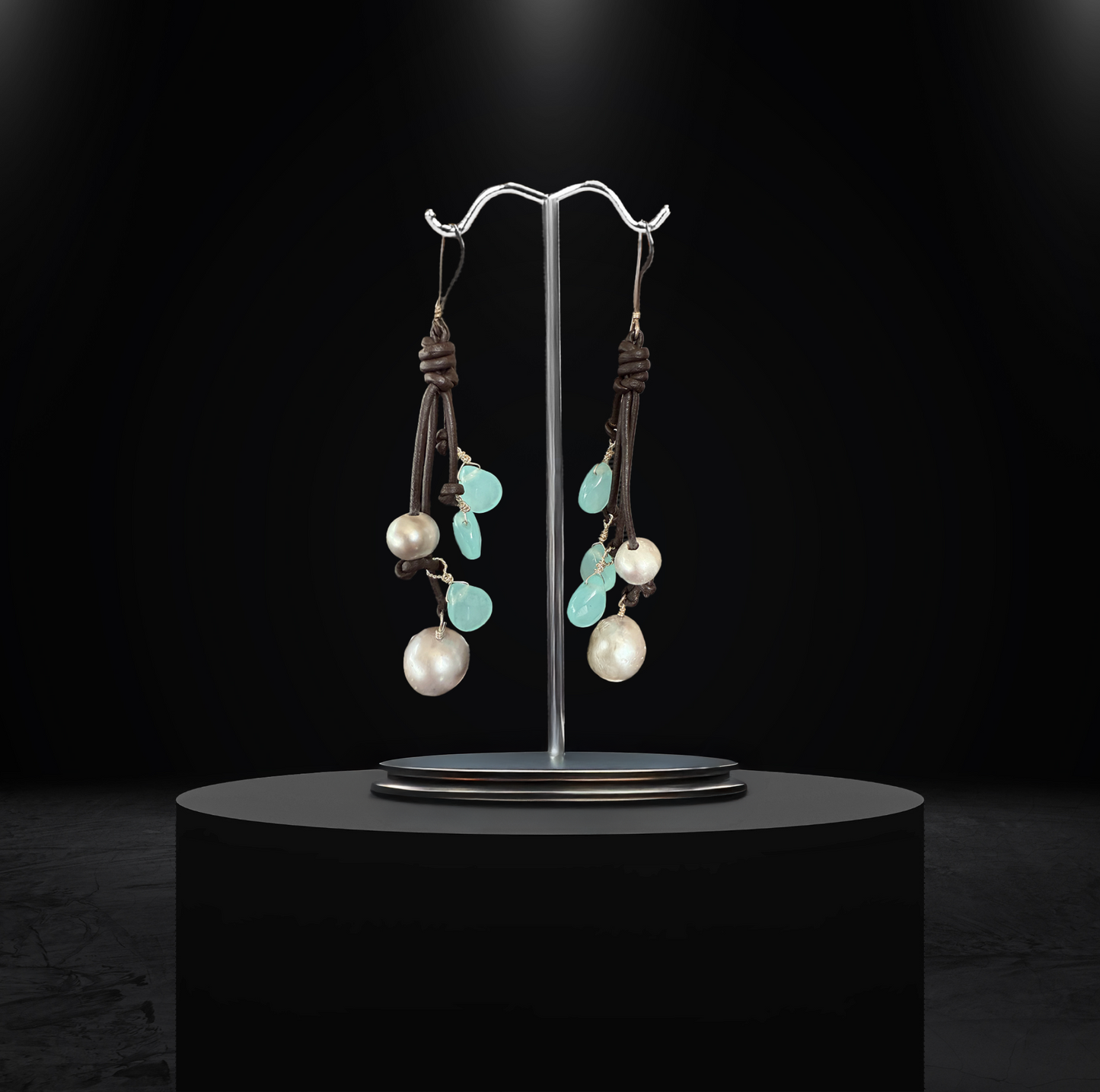 Gray freshwater pearl earrings with aqua quartz drops on Greek leather and sterling silver wire.