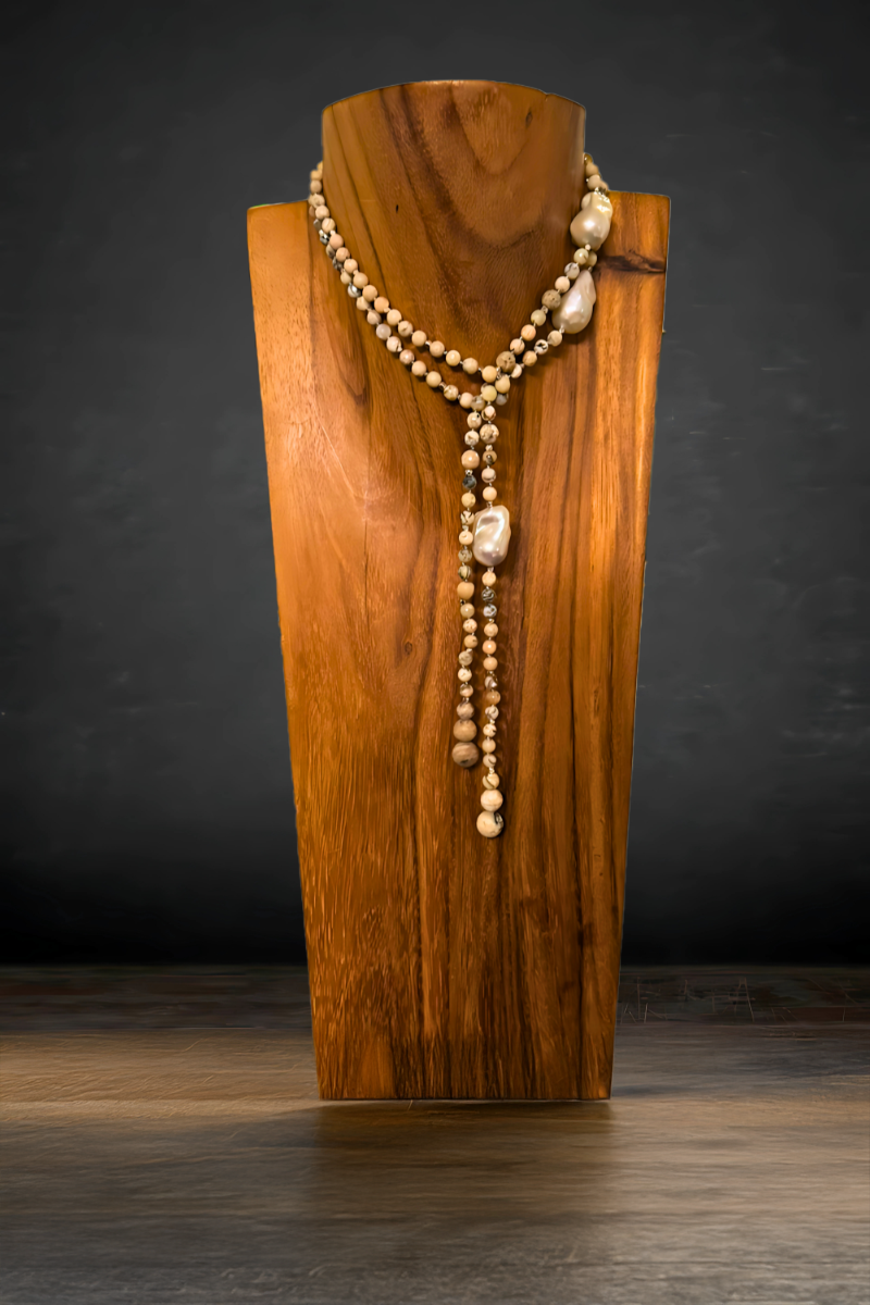 Baroque freshwater pearls on Greek leather with CZ accent, 36-inch length - Karen Grace