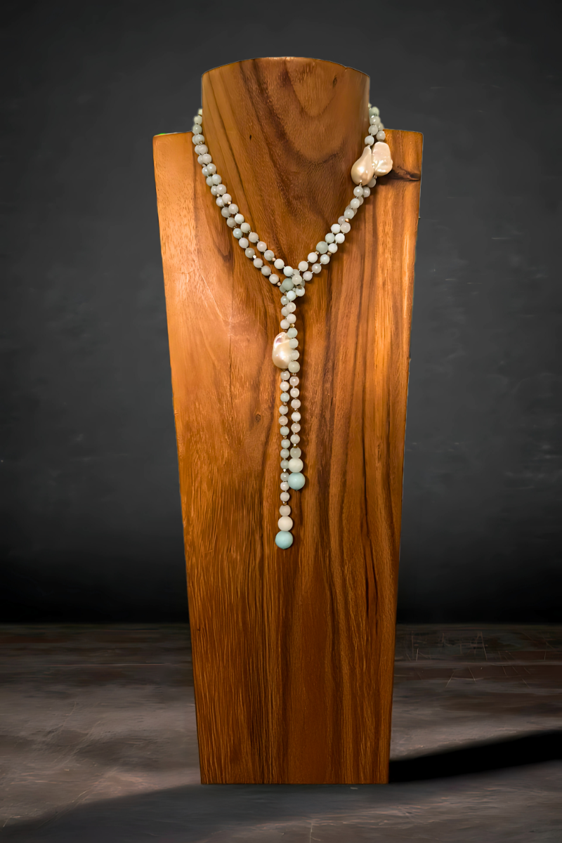 Aquamarine with freshwater Baroque pearls, 42-inch length - Karen Grace