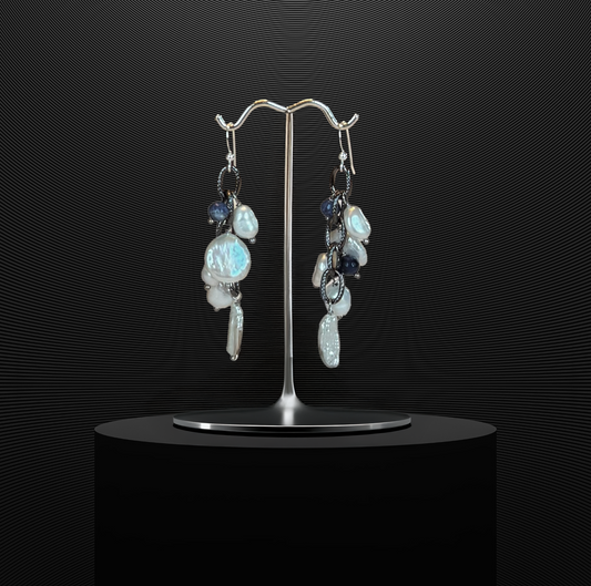 Sodalite cluster earrings paired with freshwater pearls on sterling silver wire for a bold, earthy aesthetic.