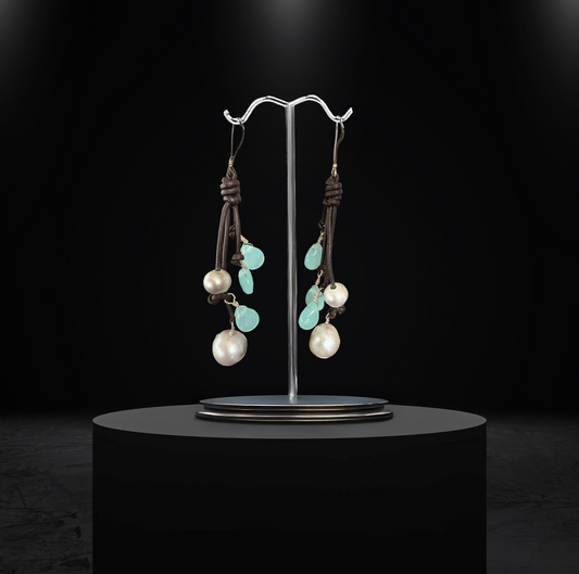 Gray freshwater pearl earrings with aqua quartz drops on Greek leather and sterling silver wire.
